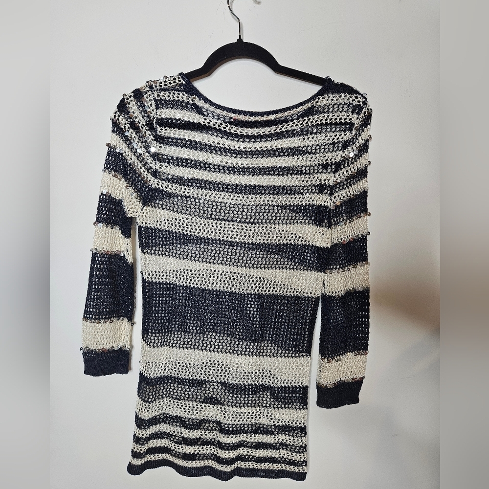 Boston Proper Striped Sequin Sweater Navy Cream Crochet Knit Womens Small - Picture 3 of 4